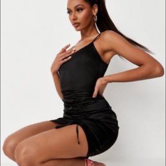 NWT Misguided Black Satin Ruched Side Mini Dress - Picture 3 of 12